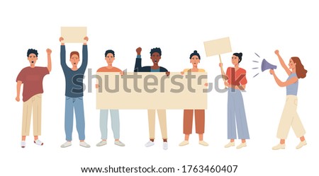 Diverse group of people protesting on the street. Male and female mix race multiethnic protesters holding blank placard banner, raised hand fist up and speaking in megaphone. Vector flat illustration.