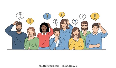 Diverse group of people puzzled by questions and doubts thinking deeply about solutions