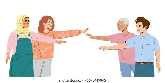 Diverse group of people reaching hands together, unity, teamwork, inclusivity, community support, togetherness, multicultural friendship in flat modern illustration.