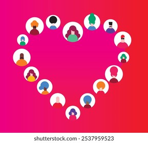 A diverse group of people, represented by colourful circles with unique hairstyles, form a heart shape against a vibrant pink gradient background. This image symbolises unity and diversity.