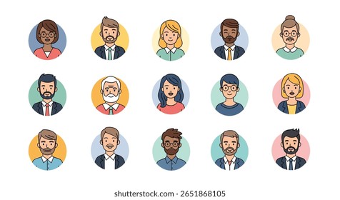 Grupo diversificado de pessoas que representam várias idades, gêneros e profissões no estilo de avatar pixelado