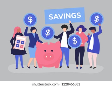 Diverse group of people and savings concept illustration