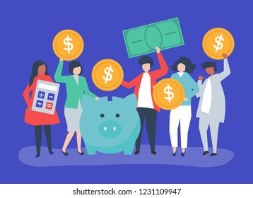 Diverse group of people and savings concept illustration