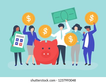 Diverse group of people and savings concept illustration