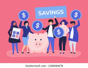 Diverse group of people and savings concept illustration