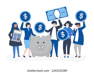 Diverse group of people and savings concept illustration