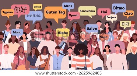 Diverse group of people say hello in different languages. Speech bubbles. Vector illustration. Not AI generated