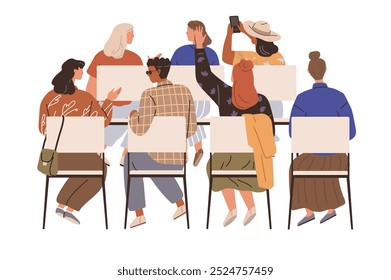 A diverse group of people seated on chairs, seen from the back, engaged in various activities such as talking and taking photos. Ideal for events, community gatherings, conferences, social
