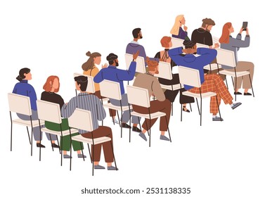 Diverse group of people seated on chairs, some taking notes and others engaged in discussion. Ideal for education, seminars, conferences, community gatherings, and teamwork contexts. Modern flat