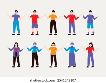 Diverse group of people shrugging. Flat illustration style with different clothing and cultural representations. Perfect for concepts of confusion, diversity, and inclusion.