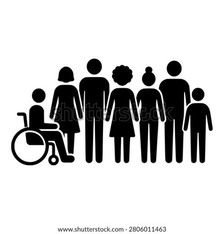 Diverse Group of People Silhouettes of All Ages with Child and Wheelchair User, Black Vector for Inclusion Community and Diversity