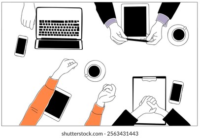 Diverse group of people sitting around table with laptops, tablet, computer. Business team working together. Flat vector illustration isolated on white background