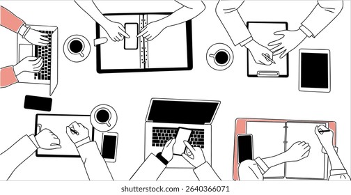 Diverse group of people sitting around table with laptops, tablet, computer. Business team working together. Flat vector illustration isolated on white background