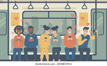 Diverse group of people sitting inside a subway train carriage while browsing on their mobile smartphones happily.