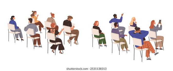 A diverse group of people sitting on chairs arranged in rows, actively participating or observing. Ideal for themes like education, community, teamwork, diversity, and group discussion. Modern and