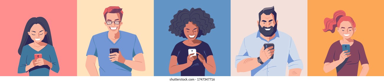 Diverse group of people with smartphones. Men and women holding mobile phone in hands. Online communication concept banner. Vector character illustration.