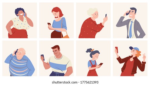 Diverse group of people with smartphones. Men and women talking, texting with mobile phone. Online communication concept illustration. Vector character avatars. 