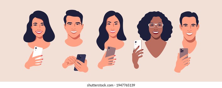 Diverso grupo de personas con smartphones. Hombres y mujeres con el teléfono móvil en la mano. Banner de concepto de comunicación en línea. Ilustración vectorial.