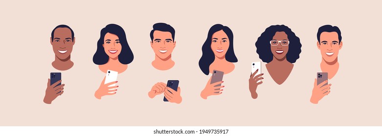 Diverse group of people with smartphones. Men and women holding mobile phone in hands. Online communication concept banner. Vector illustration.