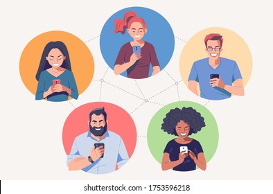 Diverse group of people with smartphones. Social networking, online communication concept. Young adults holding mobile phone in hands. Vector character illustration.