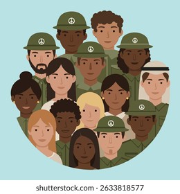 A diverse group of people, some wearing military-style uniforms and peace symbol hats, united in a circle.