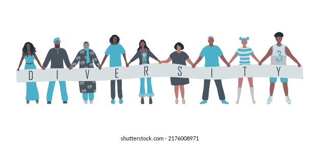 Diverse group of people are stand together and hold a poster "diversity". Solidarity of different men and women. Human silhouettes of different races, different ages. Vector illustration.