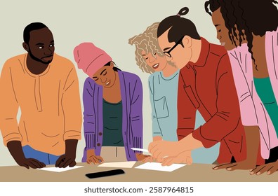 Diverse group of people are standing around a table, working together on a project. Scene is collaborative and focused. Colorful flat vector illustration