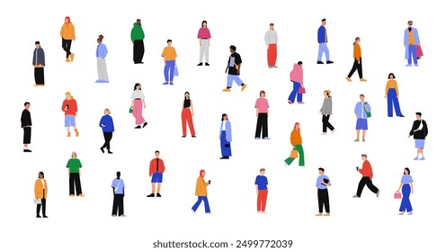 A diverse group of people standing with bags, coffee. Young men and women in casual outfits.People set on white background