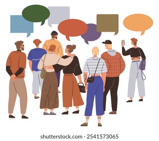 Diverse group of people standing and engaging in conversation with speech bubbles above them. Ideal for communication, diversity, social interaction, community, and teamwork. Modern and minimalistic