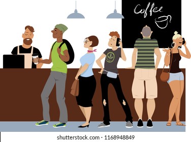 Diverse Group Of People Standing In Line To A Cash Register In A Coffee Shop, EPS 8 Vector Illustration