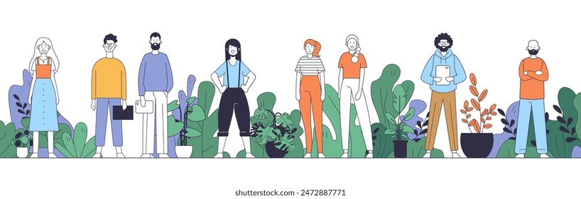 Diverse group of people standing with plants in background casual clothing flat design colorful modern style nature teamwork community