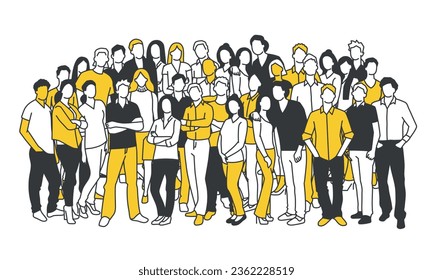 Diverse group of people standing together. Society or population, social diversity. Hand drawn vector illustration.