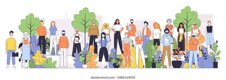 Diverse group of people standing together outdoors surrounded by plants and trees modern flat design style community teamwork social unity