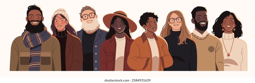 Diverse group of people standing together, representing various ages, styles, and backgrounds. Stylish individuals in casual and formal outfits, conveying unity, inclusion, and modern diversity.