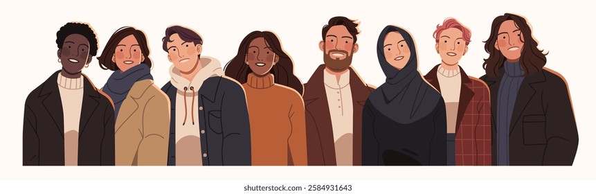 Diverse group of people standing together, representing various cultures, professions, and ages. Stylish individuals in casual and formal outfits, symbolizing unity, inclusivity, and global diversity.