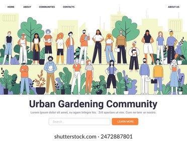 Vielfältige Gruppe von Menschen, die in einem urbanen Garten mit Pflanzen und stadtbildlichem Hintergrund stehen. Gemeinschaftsgärtnerei und Teamarbeit Thema