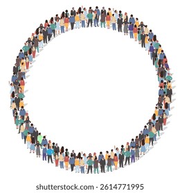 A diverse group of people stands shoulder to shoulder, forming a large circle. They engage in a moment of connection and unity, showcasing community spirit and togetherness