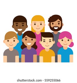 Diverse group of people, students or workplace. Cute and simple flat cartoon style. Isolated vector illustration.