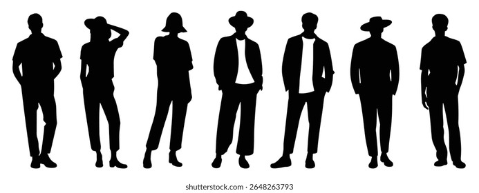Diverse group of people in stylish clothing silhouette isolated on white background
