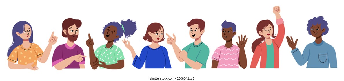 Diversos grupos de personas que hablan entre sí aislados de fondo blanco. Los hombres y mujeres sociales están hablando del concepto de escena. Intercambio de información entre hombres y mujeres. Ilustración vectorial.