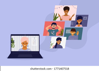 Diverso grupo de personas hablando en línea por videollamadas. Encuentro virtual o conferencia con amigos o colegas usando laptop. Trabajo en equipo desde la oficina del hogar. Ilustración vectorial de la tecnología de conexión a Internet