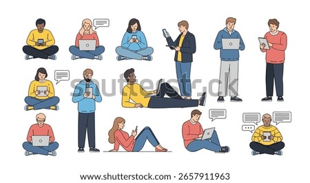 Diverse Group of People Using Digital Devices and Engaging in Online Communication Modern Lifestyle