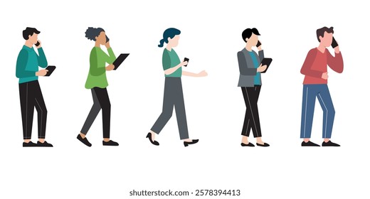 Diverse group of people using mobile devices while walking