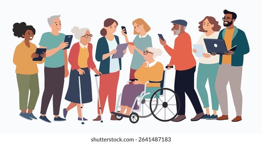 Diverse Group of People Using Technology – Multigenerational and Inclusive Community vector - Illustration on white background