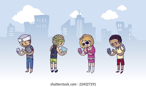 A diverse group of people using their smart phones