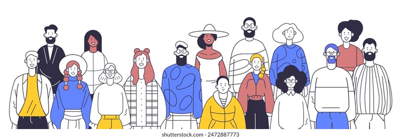 Diverse group of people various ages and styles standing together colorful clothing simple line art minimalistic design