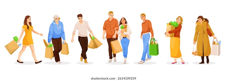Diverse group of people walking with grocery bags in hand, wearing casual clothes, on a white background. Concept of everyday shopping. Vector illustration