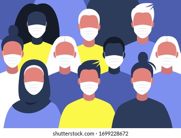 A diverse group of people wearing face masks, coronavirus outbreak