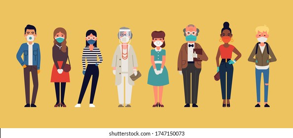 Diverse group of people wearing personal protective medical masks and gloves to prevent disease spread.  Set of virus protected characters of different appearance on clean background