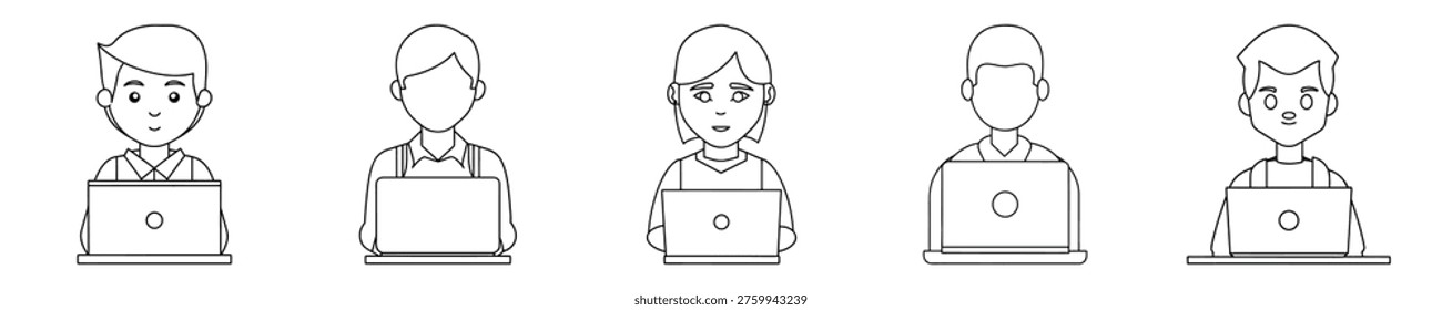 Diverse group of people working remotely on laptops, line art illustration representing modern work styles and digital connectivity.